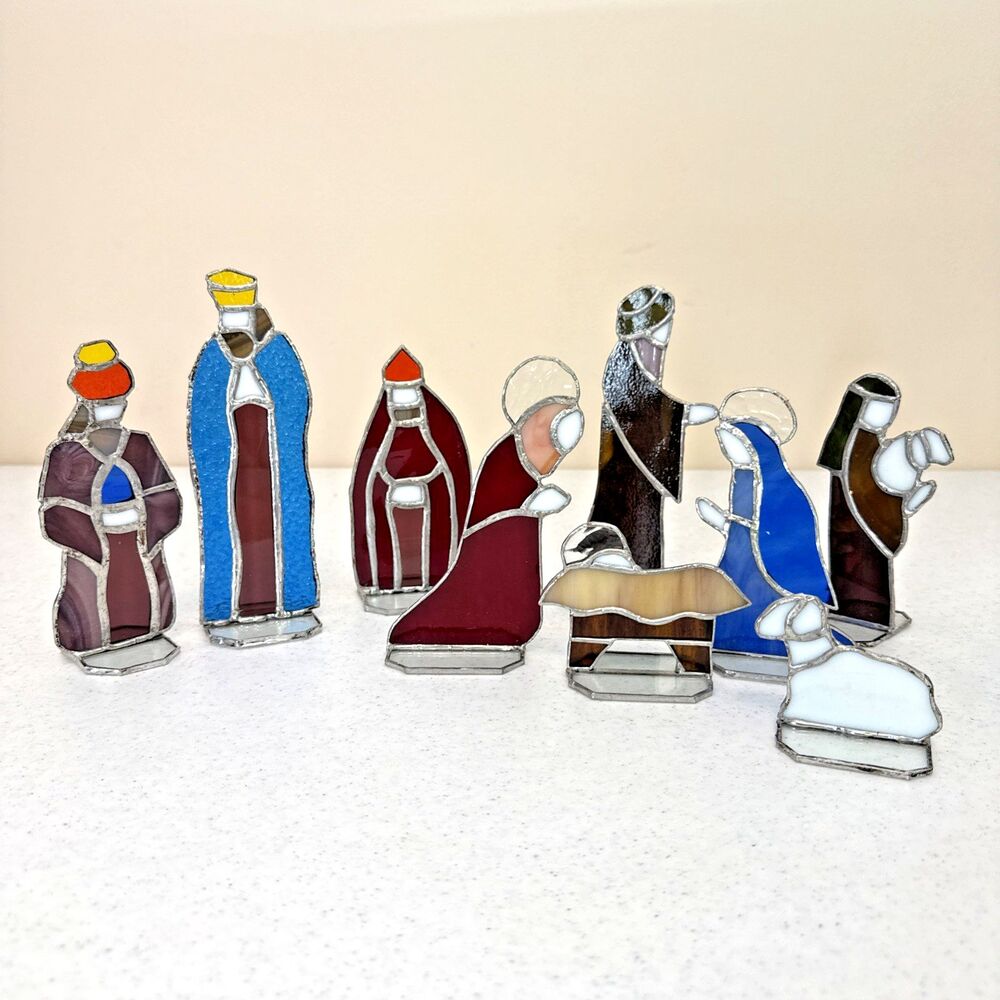Stained Glass Suncatcher 9 Piece Nativity Scene Figurines Set Mary Joseph Jesus